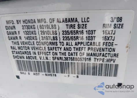 2008 Honda Odyssey Ex-L z USA, uszkodzony, nr VIN 5FNRL38768B057916